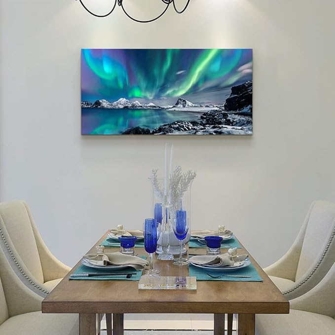 Farmhouse Wall Decor For Living Room Canvas Wall Art For Bedroom Blue Aurora Scenery Paintings Modern Bathroom Canvas Art Print Ready To Hang Office Pictures For Home Kitchen wall Decorations Artwork