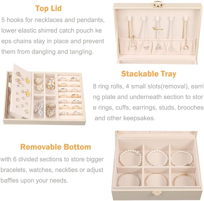 Voova Jewelry Box Organizer for Women Girls, 2 Layer Large Men Jewelry Storage Case, PU Leather Display Jewellery Holder with Removable Tray for Necklace Earrings Rings Bracelets, Vintage Gift,Apricot