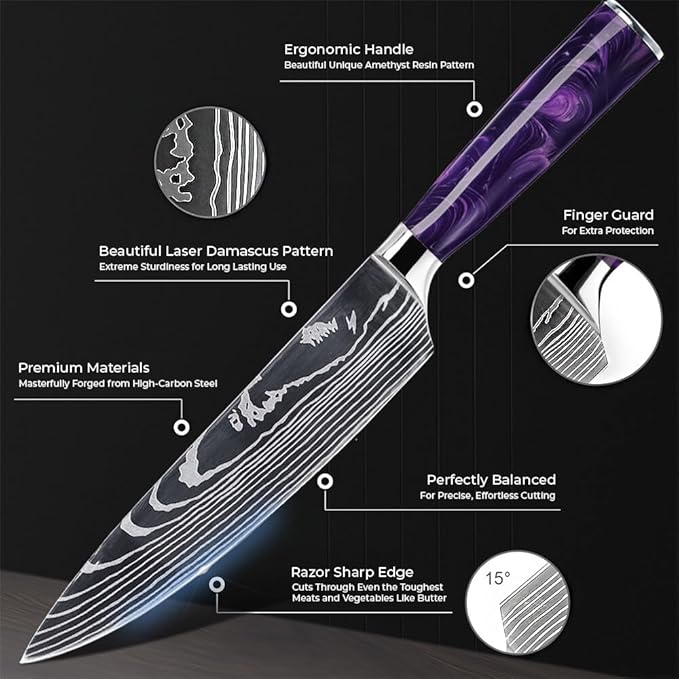 SENKEN 8-Piece Japanese Knife Set with Blue Resin Handle and Laser Damascus Pattern - Cerulean Collection - Chef's Knife, Cleaver, Santoku Knife, Bread Knife, Paring Knife, & More (Amethyst Purple)
