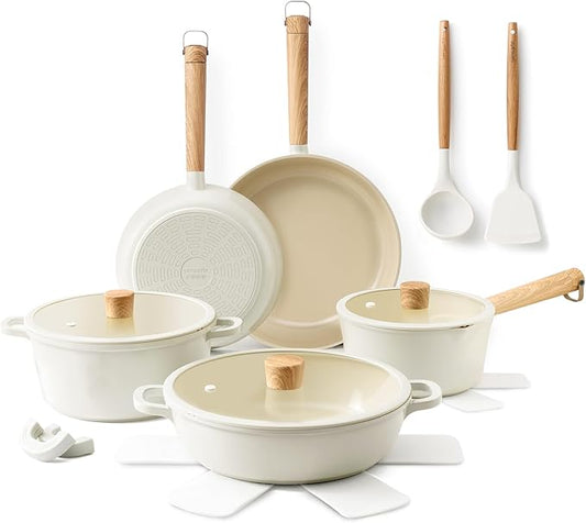 SENSARTE Ceramic Nonstick Cookware Set Non-toxic Healthy Pots and Pans Set Ceramic Coated Kithchen Cooking Set, Free of Intentionally Added PFAS/PTFE, Dishwasher&Oven Safe, Induction Compatible, 15pcs