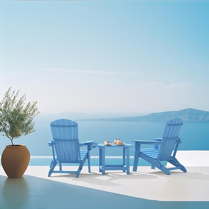 Plawdlik Folding Adirondack Chair Set of 2 with Cup Holder,Heavy All-Weather,Wooden Textured,HDPE Outdoor Chairs, Patio Backyard Fire Pit, Light Blue