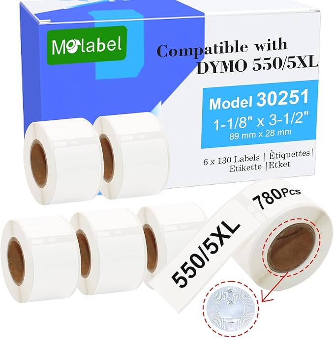 Address & Barcode Labels Replacement for DYMO 30251 (1-1/8" x 3-1/2") [6 Rolls/780 Labels] Compatible with DYMO Labelwriter 450, 4XL,550,5XL & Zebra Desktop Printers