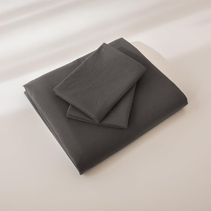 JIYUAN 100% Washed Cotton Duvet Cover Set 3 Pieces King, 1 Duvet Cover 104x90 Inches(Comforter Not Included) and 2 Pillowcases,Linen Feel Bedding Set Comfy and Breathable,Solid Dark Grey
