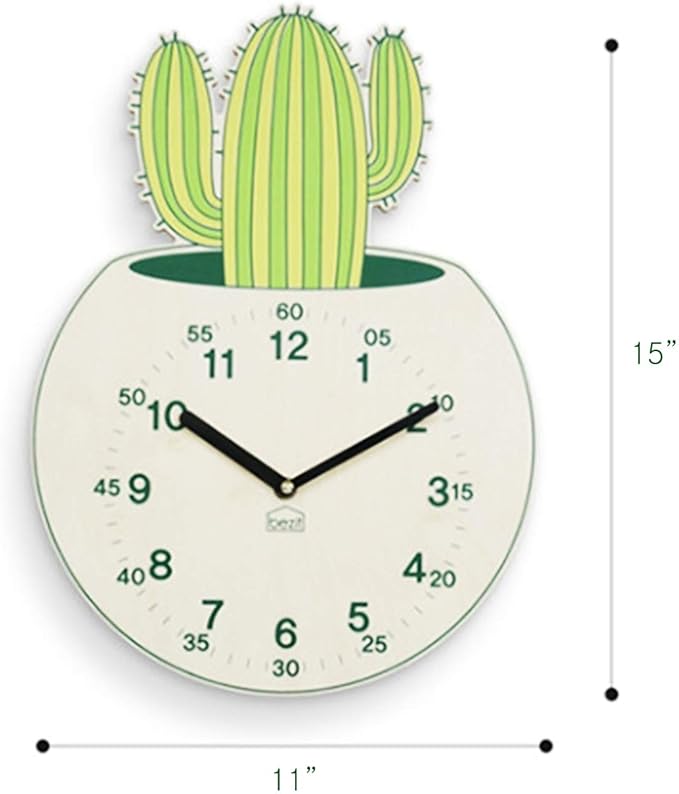 Silent 11-Inch Wall Clock for Indoor, Office, Home, Baby Room - Non-Ticking, Decorative, Modern, Kid-Friendly, Cactus (Green Cactus)