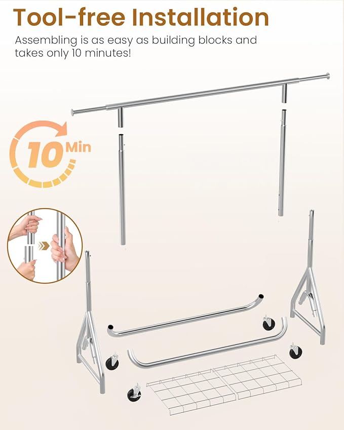 Heavy Duty Garment Rack, Metal Clothes Rack Load 450 LBS, Rolling Clothing Racks for Hanging Clothes with Lockable Wheels, Wardrobe Closet Coat Racks for Bedroom, Silver