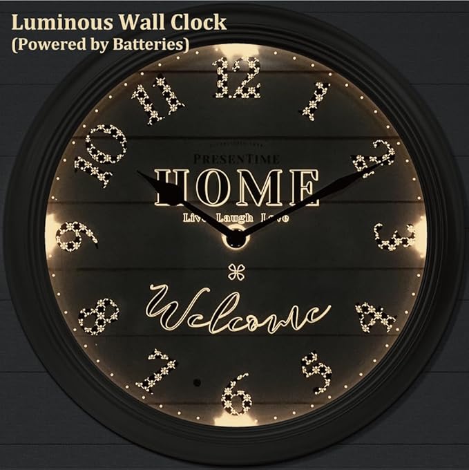 Presentime & Co. 12.6" Illuminated Farmhouse Wall Clock, Silent Battery Operated Night Light Wall Clock with Smart LED Sensor for Living Room, Bathroom, Kitchen, Home Office, Morning Silver