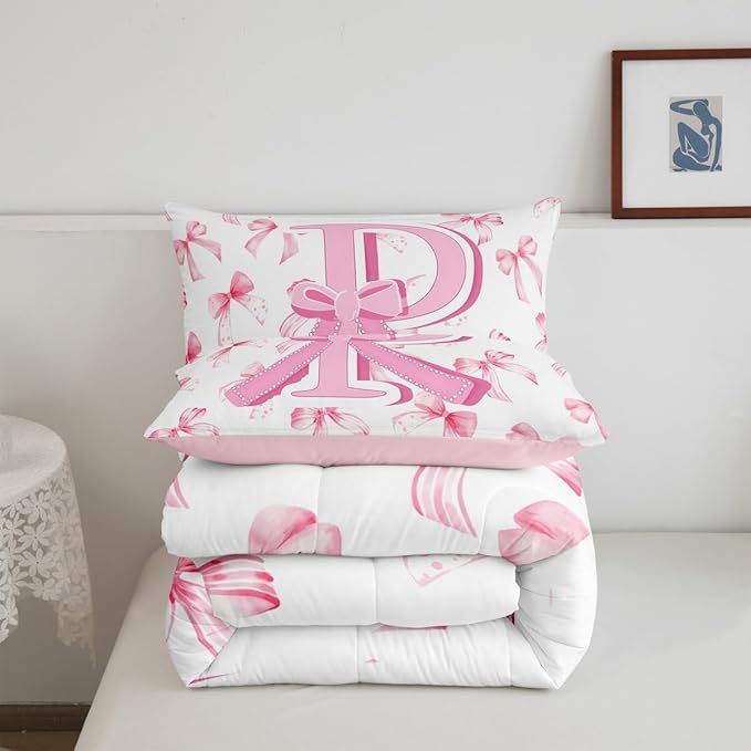 jejeloiu Kids Girls Cute Pink Bow Comforter Set Full Size Monogrammed Bedding Set Ultra Soft Personalized Initial P Duvet Quilt Coquette Bow Knot Quilt Set Room Decor Modern Fashion Comforter