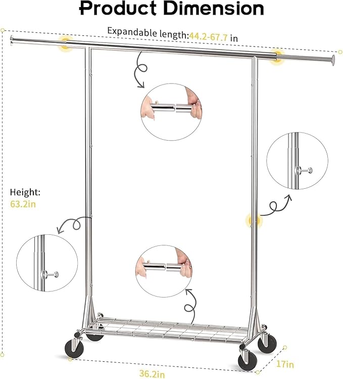 Clothing Garment Rack Capacity 550LBS Rolling Clothes Rack on Wheels - Heavy Duty Collapsible Commercial Storage Organizer - Mobile Clothes Rack with Multifunctional Design (Silver)