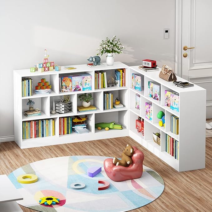 IOTXY Open Shelf Low Bookcase - Wooden 3-Tier Floor Standing Display Cabinet Organizer with Base, 10 Cubes Short Horizontal Bookshelf in Warm White