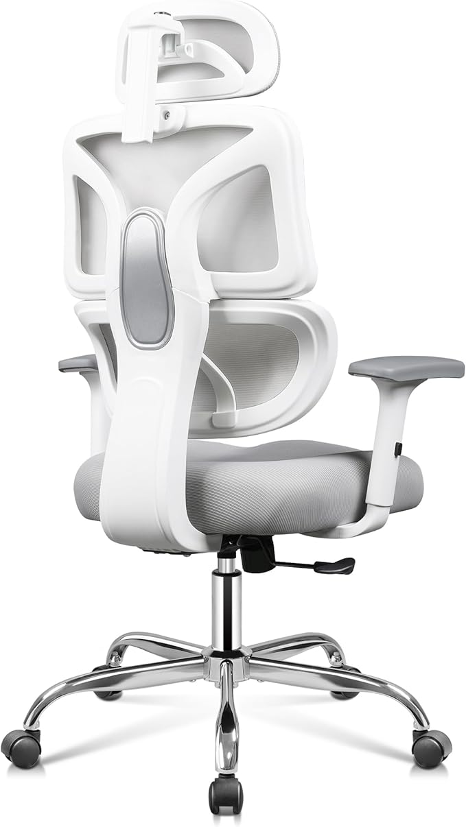 DEVAISE Office Chair Big and Tall Reclining Ergonomic Desk Chair for Long Hours, Comfy Breathable Mesh, Adjustable Armrests with Lumbar Support, White