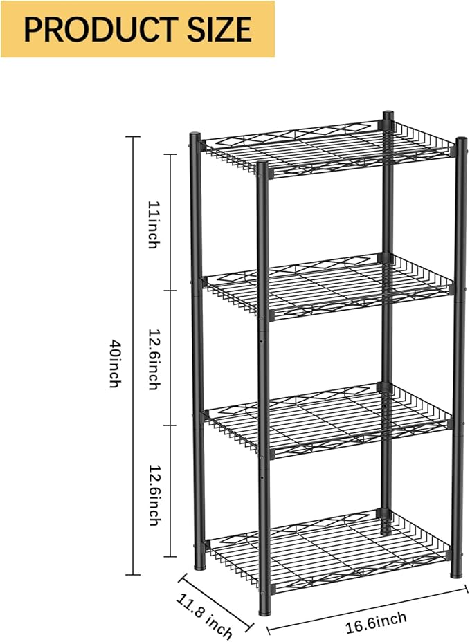 VETALLO 4 Tier Metal Shelving Unit Storage Shelves Rack Utility Small Stand Wire Shelf Cart Organizer for Home Kitchen,Garage,Narrow Pantry,Closet,Laundry,Bathroom(16.6" L x 11.8" W x 40" H)