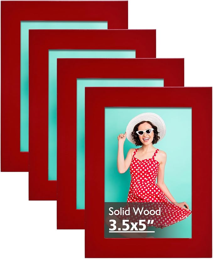 KINLINK 3.5x5 Picture Frames Red, Solid Wood Frames with Plexiglass for Table Top and Wall Mounting, Photo Frames for Horizontal or Vertical Display, 4 Pack