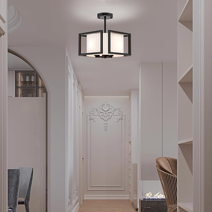 Modern Ceiling Light Fixture - Easric Semi Flush Mount Ceiling Light Industrial Light Fixtures Ceiling Mount with Fabric Shade Black Metal Frame Drum Ceiling Lights for Bedroom,Hallway,Kitchen