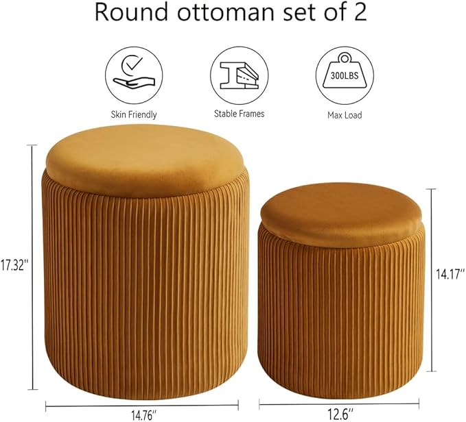 Round Ottoman with Storage Set of 2-Upholstered Sherpa Vanity Stool for Makeup Multifunctional Ottomans Coffee Table Padded Seat Foot Rest (Engineered Wood, Yellow)