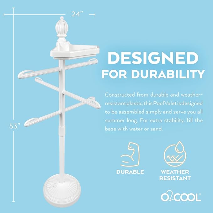 O2COOL Pool & Spa Valet, Adjustable Pool & Patio Towel Holder with Weighted Base, Outdoor Towel Bar, Poolside Table, White