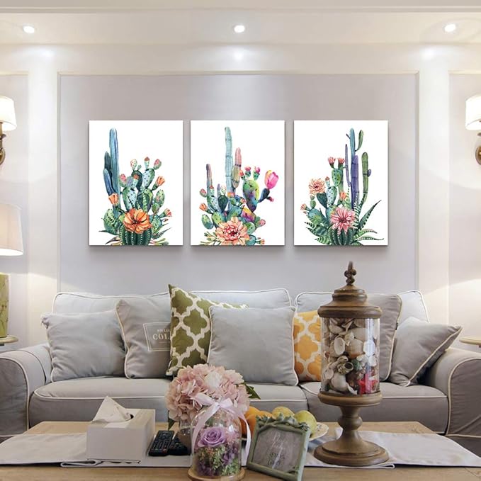 Wall Art for living room Canvas Prints Artwork bathroom Wall Decor Simple Life Green plants cactus Picture Watercolor painting 3 Pieces kitchen bedroom wall decorations Office Works Home Decoration
