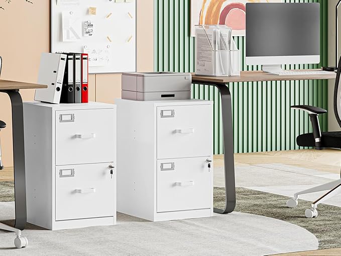 MIIIKO 2 Drawer Filing Cabinet with Lock, Metal Vertical File Cabinets for Home Office, Lockable File Storage Cabinets Under Desk, Letter/A4 File Folders Storage（White-Assembly Required