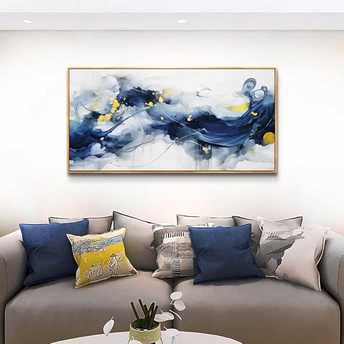 hyidecorart Wood Framed Canvas Art Prints Wall Art For Living Room Large Size Wall Decor For Office Bedroom Wall Decorations Pictures Artwork Blue Abstract Ink Paintings Ready To Hang Home Decor
