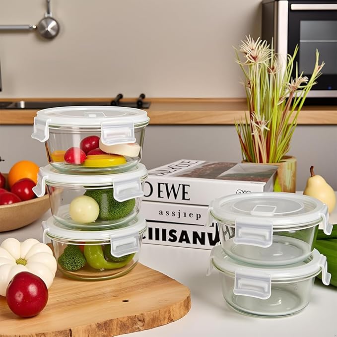 4Pack Round Glass Food Storage Containers With Lids, 1.5 Cup Round Meal Prep Bowls With Lids BPA-Free, Small Glass Food Containers for Soup Leftover, Microwave, Dishwasher, Freezer Safe