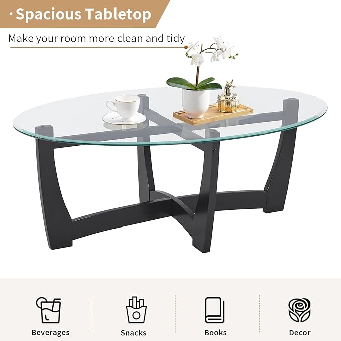 48" Oval Glass Coffee Table with Tempered Glass Top Cross and Solid Wood Base Simple & Modern Center Table for Living Room Office Apartment Black