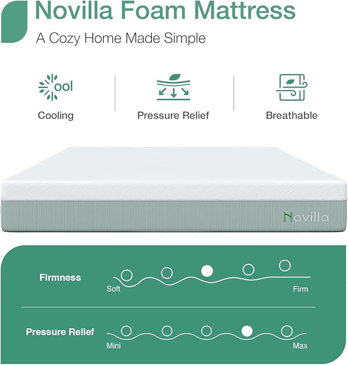 Novilla Twin XL Mattress,10 Inch Gel Memory Foam Mattress for Suppotive &Pressure Relieving, Medium Firm Feel in a Box,Bliss