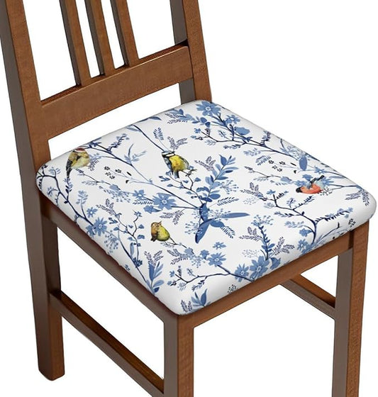 Seat Covers for Dining Room Chairsset of Set of 6, Floral Navy Blue Bird White Spring Flower Stretch Chair Seat Covers Cushion Slipcovers for Kitchen Office