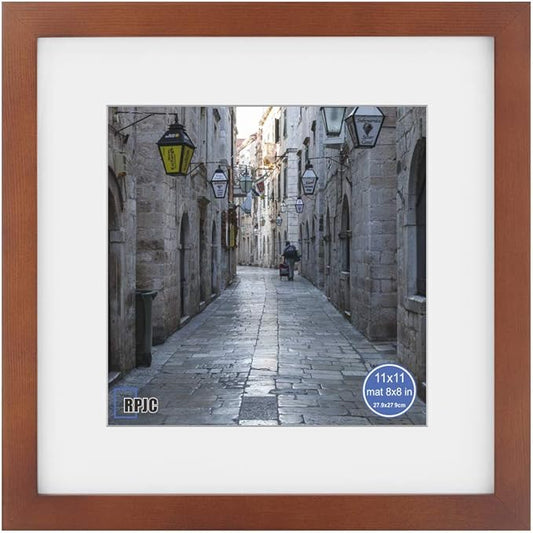 RPJC 11x11 inch Picture Frame Made of Solid Wood and High Definition Glass Display Pictures 8x8 with Mat or 11x11 Without Mat for Wall Mounting Photo Frame Brown