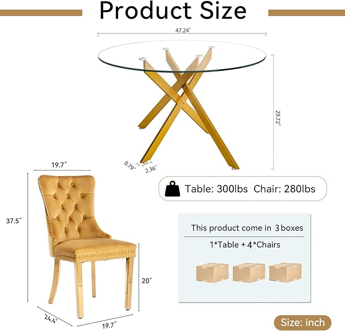 Goujxcy 5 Piece Round Glass Dining Table Set for 4, 47" Round Dining Table & Chair Set Modern Circle Glass Kitchen Table and 4 Velvet Upholstered Chairs for Kitchen Dining (Gold Table & Gold Chair)
