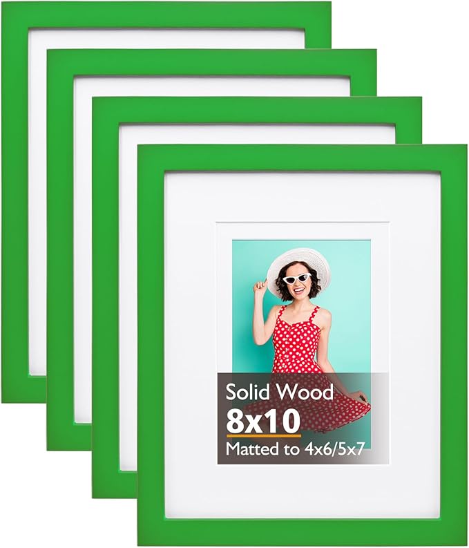 KINLINK 8x10 Picture Frame Grass Green, Solid Wood Frames with Acrylic Plexiglass for Pictures 4x6/5x7 with Mat or 8x10 without Mat, Tabletop and Wall Display Photo Frame, 4 Pack