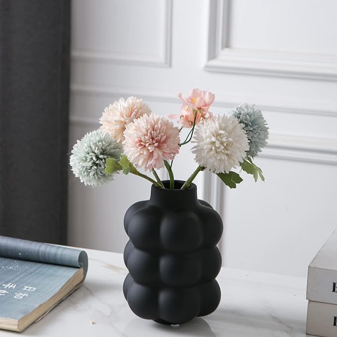Black Ceramic Vase - Small Spherical Flower Vase for Centerpiece, Three Floors Design for Modern Home Decor, Boho Decorative Vase - 6.7" Tall