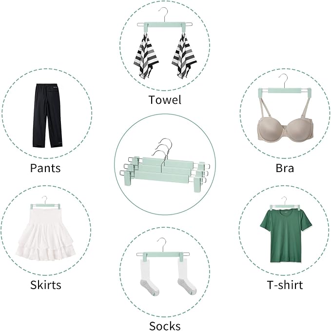 Skirt Hangers，Pants Hangers with Clips，360 ° Swivel Hooks Space Saving Hangers for Pants, Skirts, Clothes, Jeans (10Pack, Light Green)