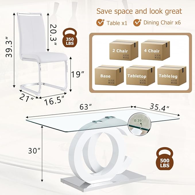 63'' Glass Dining Table Set for 6, Kitchen Table Chairs Set of 6, Clear Glass Dining Table with White unique design Leg and Silver Metal Base, 6 PU Dining Chairs with Metal Legs, Living Room, Kitchen.