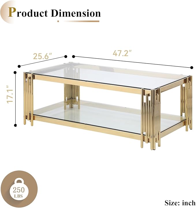 Goujxcy Glass Coffee Table and End Table Set of 3, Luxury Coffee Table Set with Tempered Glass & Gold Stainless Steel Legs, 3 Piece Living Room Table Set for Bedroom Home Office