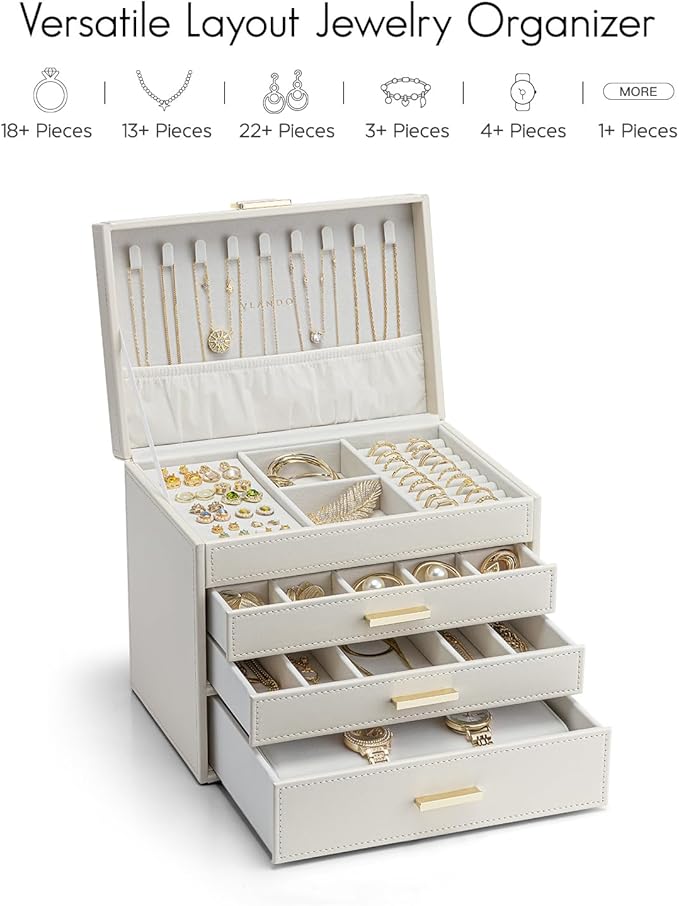 Vlando 4 Layer Large Jewelry Box - Jewelry Holder Organizer, Jewelry Box Organizer for Drawer Necklace Ring Bracelet and Watch, Birthday Gift for Loved Ones - Beige