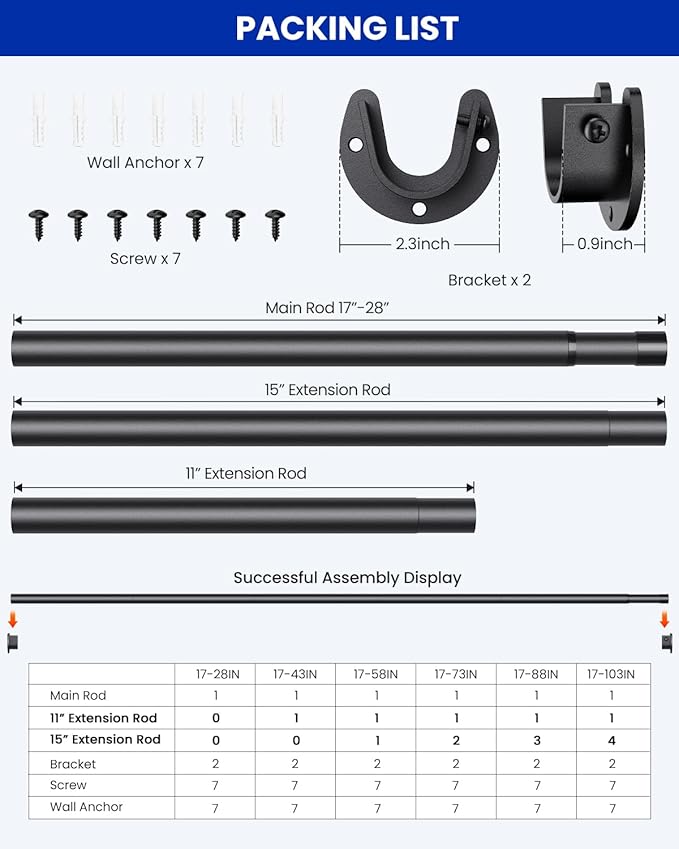 Closet Rods for Hanging Clothes, 17 to 99 Inches Stepless Adjustable Metal Closet Rod, 1.3 Inches Heavy Duty Clothes Hanging Rod for Closet Wardrobes Laundry RV