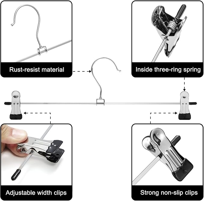 Pants & Skirt Hangers with Adjustable Non-Slip Clips - Space Saving Metal Hangers for Coats, Garments & Jeans - 10 Pack