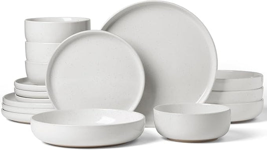 Famiware Milkyway Stoneware Dinnerware Sets with Pasta Bowls, Service for 4 (16 Pieces), Plates and Bowls Sets -Scratch Resistant, Microwave and Dishwasher Safe Dishes Set, White