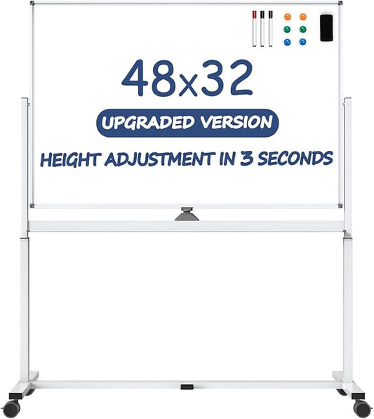 White Board on Wheels, 48 x 32 Inches Height-Adjustable Large Rolling Whiteboard, Mobile Magnetic Dry Erase Board with Stand, Double-Sided Standing Whiteboard for Office, Home, Classroom, School