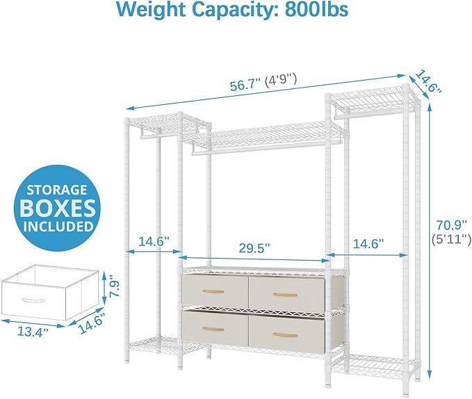 VIPEK V20 Wire Garment Rack Heavy Duty Clothes Rack, Metal Clothing Rack with 6 Shelves, 3 Hang Rods & 4 Fabric Drawers, Compact Freestanding Closet Wardrobe, 56.7" L x 14.6" W x 70.9" H, White
