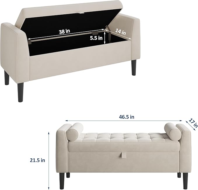 46.5" Storage Ottoman Bench – Upholstered End-of-Bed Storage Chest with Rolled Armrests & Wood Legs, Entryway Shoe Bench and Footrest Seat for Hallway, Bedroom & Living Room & Walk-in Closet（Beige）