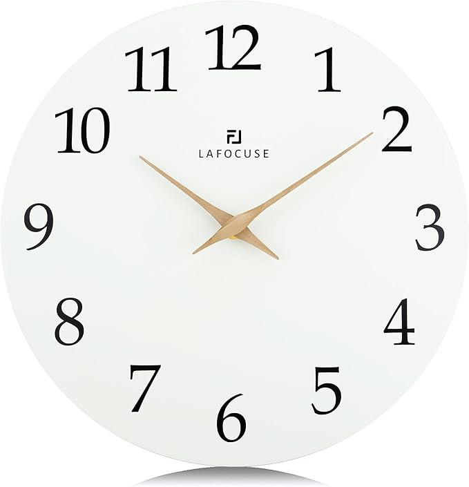 Lafocuse 12 Inch Silent White Wall Clock Battery Operated for Living Room Decor, Simple Minimalist Wooden Wall Clock for Kitchen Bedroom Office