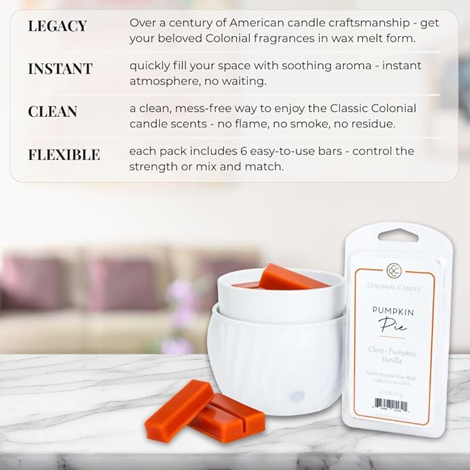 Colonial Candle Pumpkin Pie Wax Melts, Wax Melt Warmer Cubes, Long Lasting Scented Wax Warmer Cubes, 4 Pack, 6 Cubes Each - Made in The USA