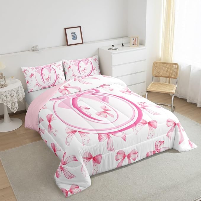 jejeloiu Kids Girls Cute Pink Bow Comforter Set King Size Monogrammed Bedding Set Ultra Soft Personalized Initial O Duvet Quilt Coquette Bow Knot Quilt Set Room Decor Modern Fashion Comforter