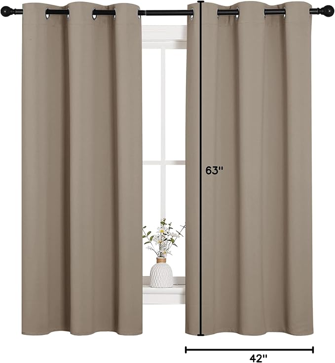NICETOWN Sleek Blackout Curtains 63 inches Length for Small Windows, Noise Reducing and Block Draft Panels for Door Doorway Laundry Office Luxury Decor Theme (2 Panels, Taupe, W42 x L63 -Inch)