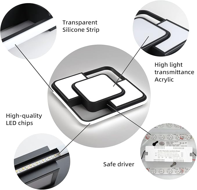 62W Dimmable LED Flush Mount Ceiling Light Fixture with Remote Control, 3000K-6500K 3-Color Chandelier Modern Lamp Black, 15.74inch Close to Ceiling Dining Room Bedroom Square Kitchen Lights