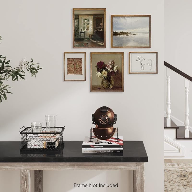 Neutral Wall Art for Boho French Country - Aesthetic Flower Landscape Lake Poster - Vintage Modern Farmhouse Wall Decor - Bathroom Picture Bedroom Print - Green Cottagecore Room Decor - Gallery Set 5