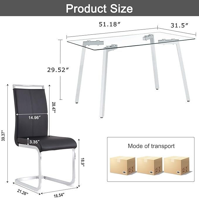 Glass Dining Table Set for 4,Rectangle Dinner Table with 4 Black Leather Kitchen Chairs,51 in Kitchen Room Dining Set,0.31” Tempered Glass Tabletop with Silver Metal Legs,4 Dining Chairs