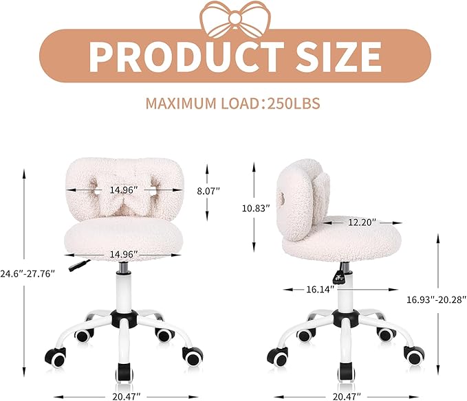 Kids' Desk Chair with Bow Design, Cute Upholstered Swivel Chair with Wheels and Adjustable Height, Small Comfy Armless Chair for Girls/Children (Cream)