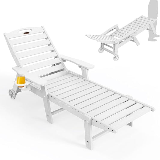 Ciokea Lounge Chair Outdoor, Oversized Chaise Lounge Chair with 5 Positions, HDPE, Patio Lounge Chair with Wheels & Cup Holder for Pool, Deck, Poolside, White