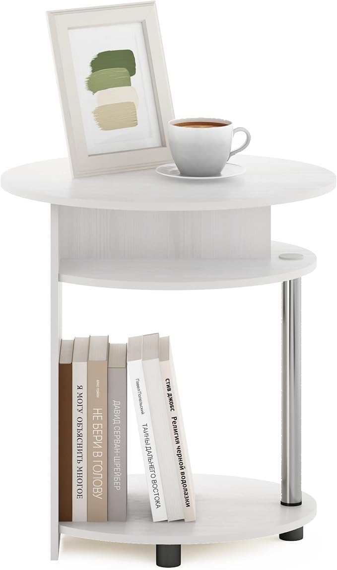 Furinno JAYA Simple Design Oval End Table with Bin, White Oak/Chrome